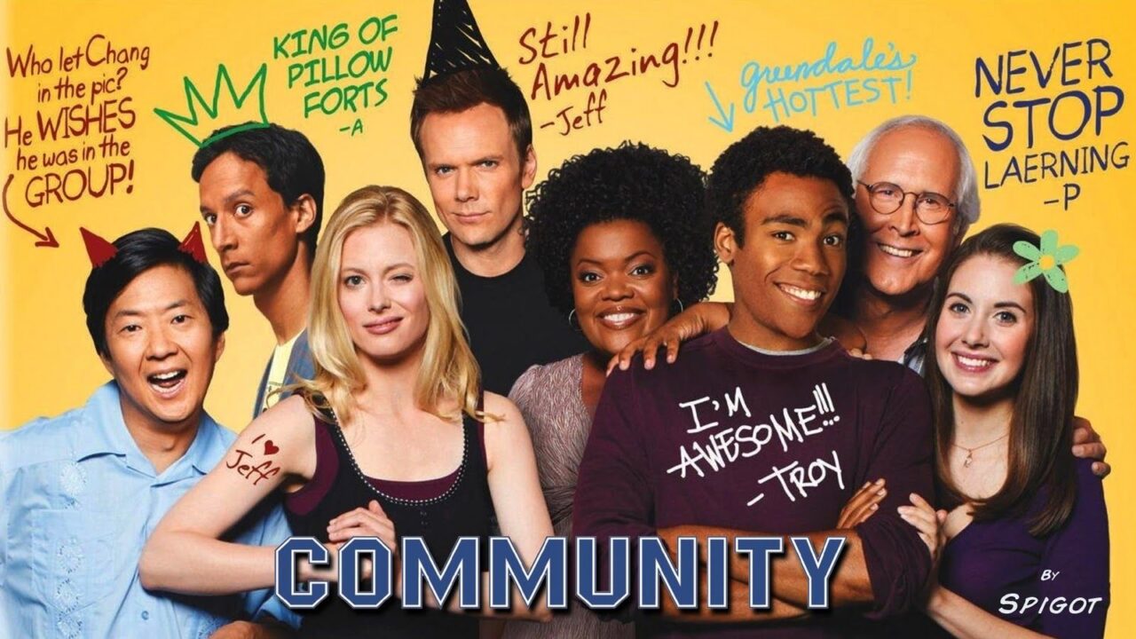 El elenco de "Community" con el logo sobreimpresionado y frases de cada uno.