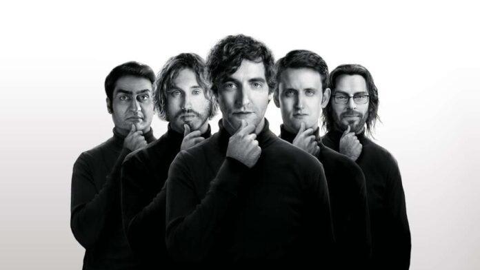 Richard, Jared, Erlich, Dinesh y Gilfoyle imitando la icónica pose de Steve Jobs.