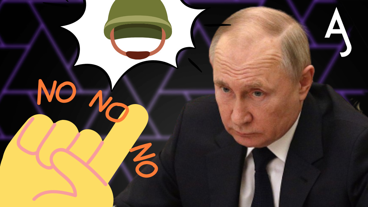 Putin y una mano diciendo que no